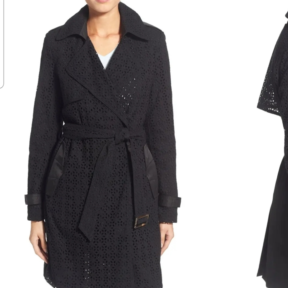 Vera Wang Lucy' Eyelet Lace & Satin Trench Coat